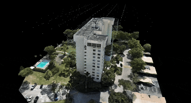 Animated 3D point cloud model of building from drone inspection