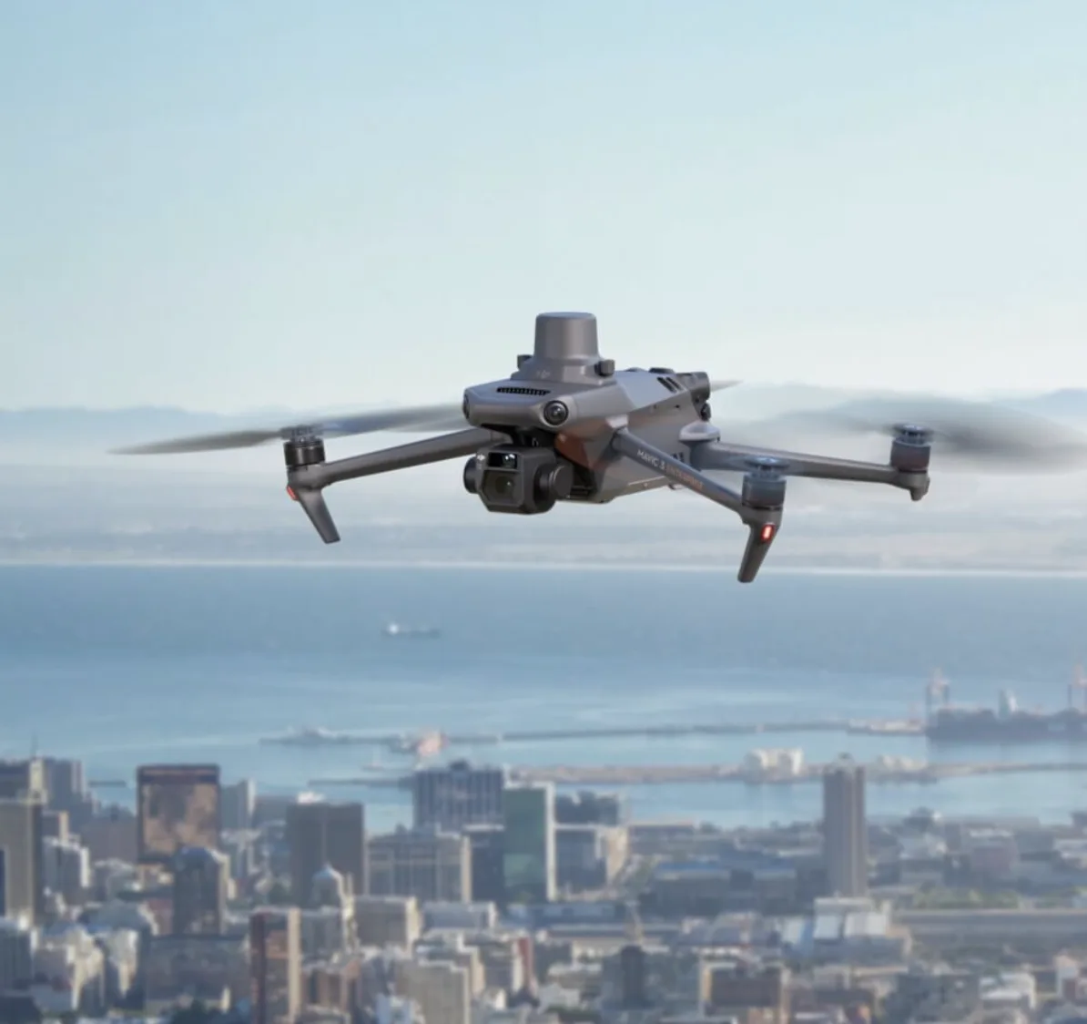 Commercial drone in flight for preventative building maintenance monitoring