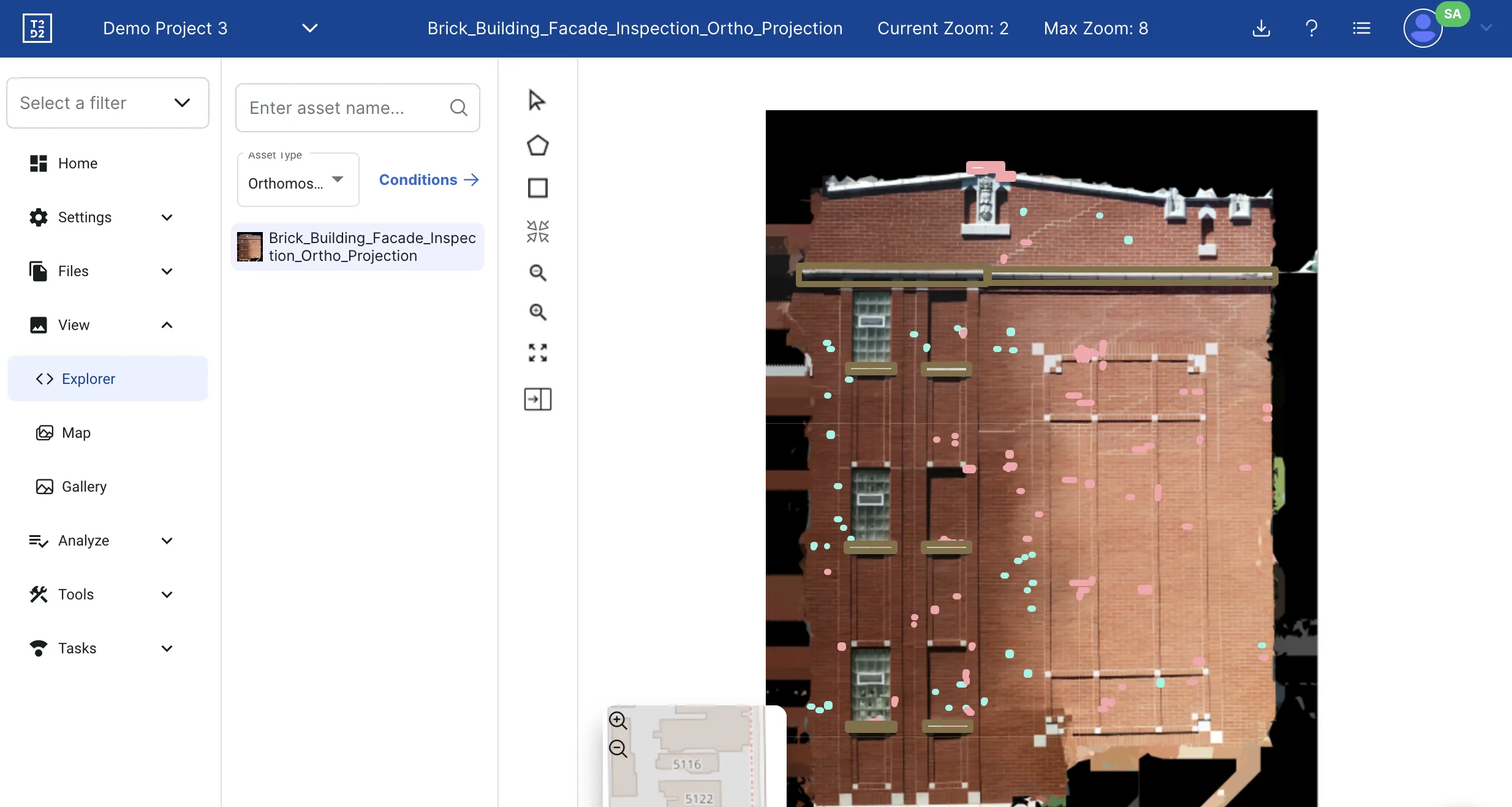Facade inspection software showing orthomosaic projection for engineering analysis