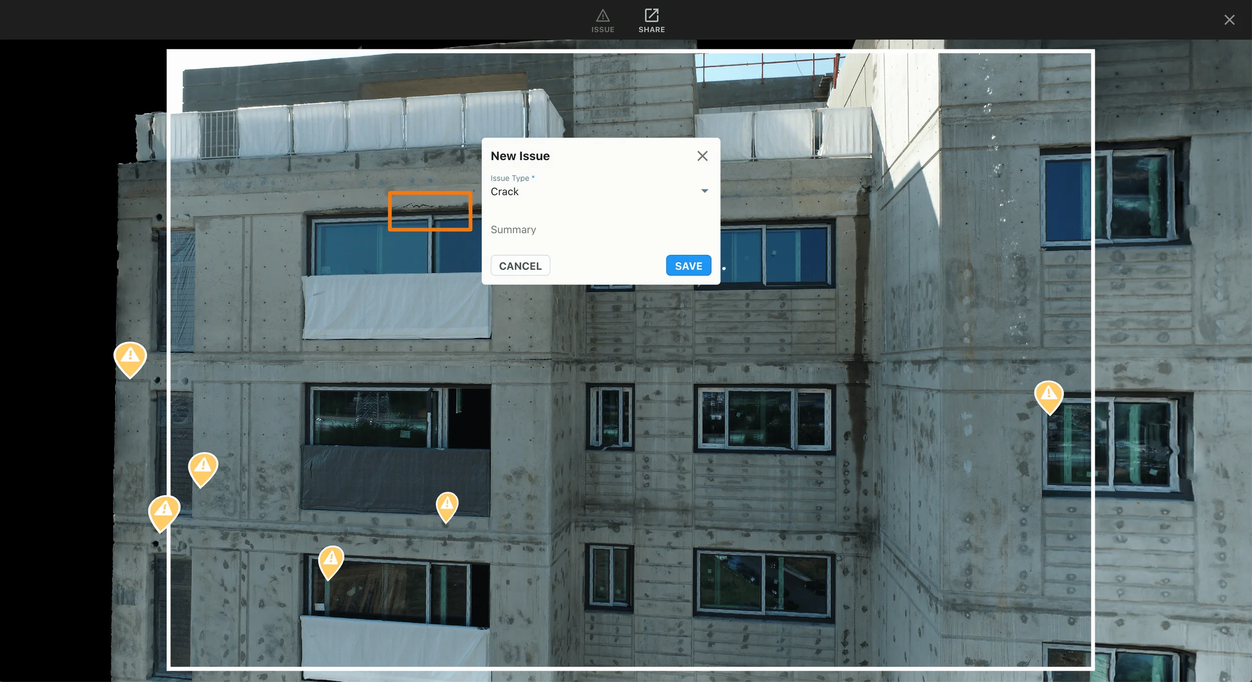 AI defect tagging interface marking cracks and structural damage on building facade