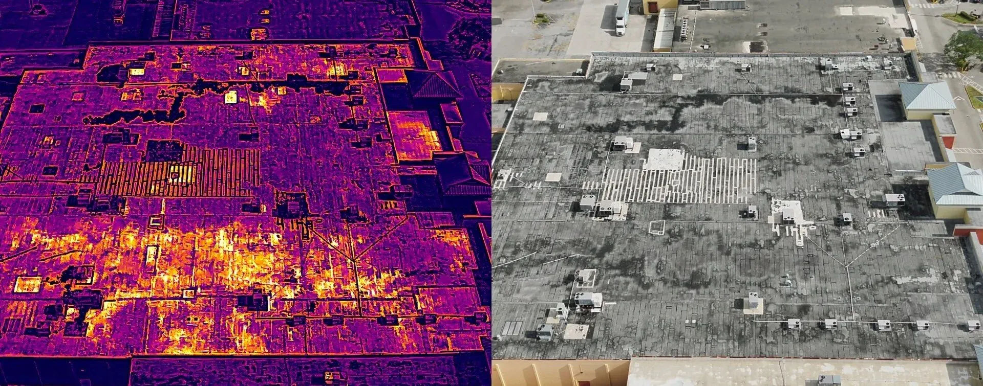 Split view of thermal and visual drone inspection of commercial building roof