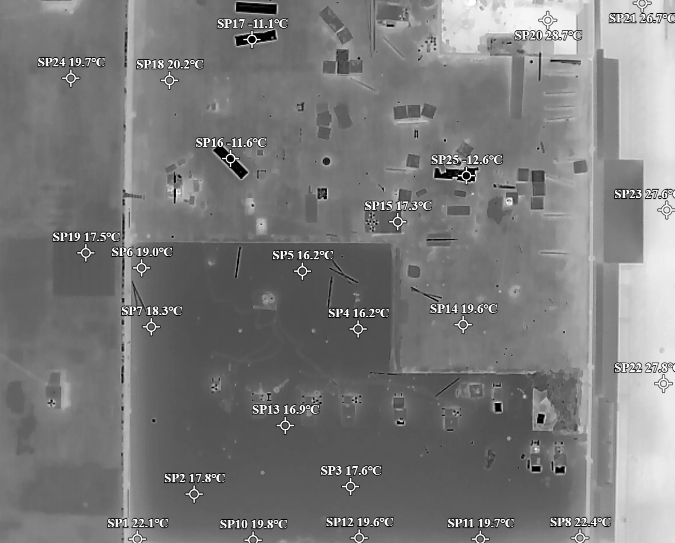 Aerial thermal scan of building roof with temperature measurement points